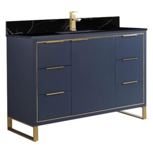 fine fixtures opulence collection 48 in. w x 20 in. d x 33 in. h bathroom vanity in navy blue with black marble sintered stone sink - satin brass hardware