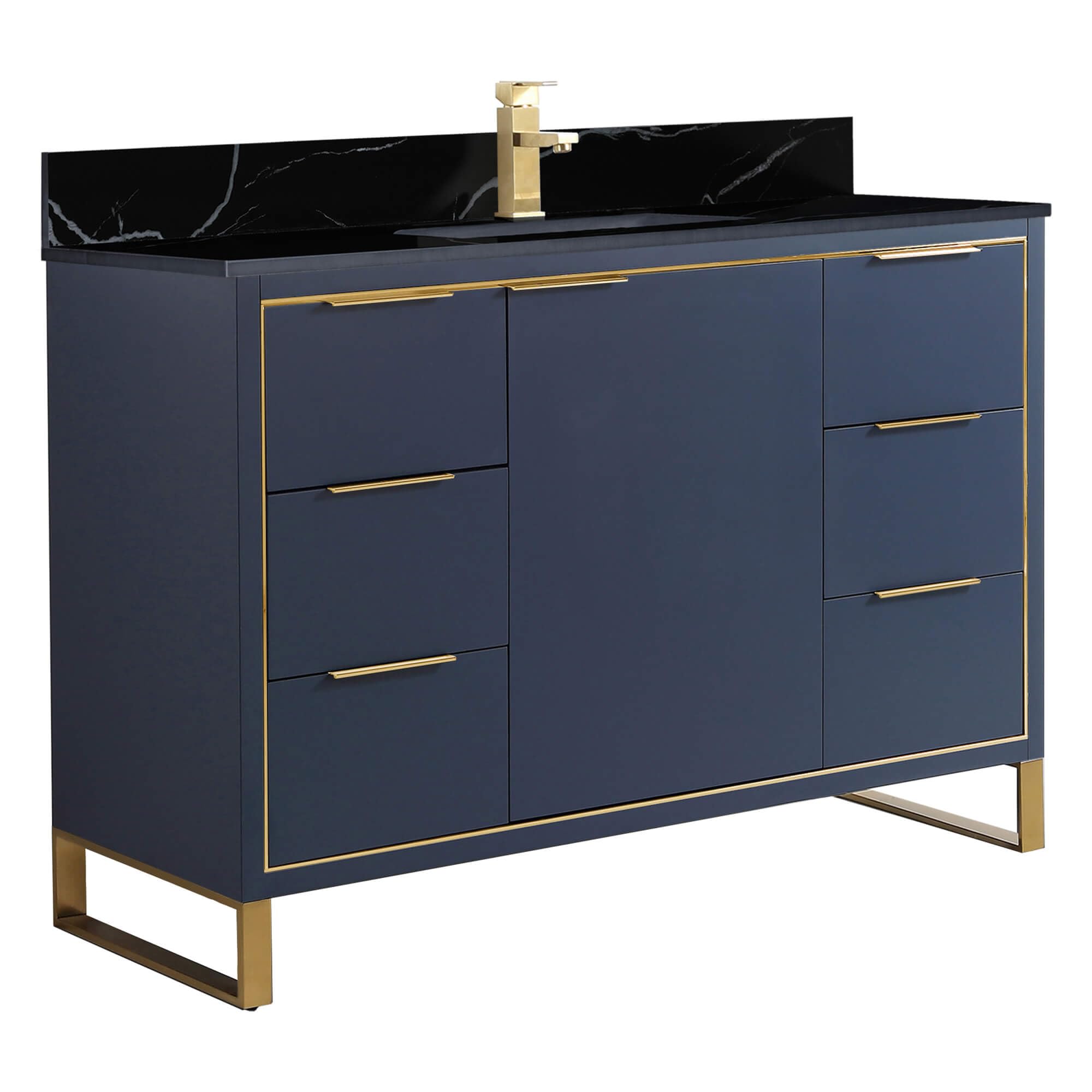 Fine Fixtures Opulence Collection 48 in. W x 20 in. D x 33 in. H Bathroom Vanity in Navy Blue with Black Marble Sintered Stone Sink - Satin Brass Hardware