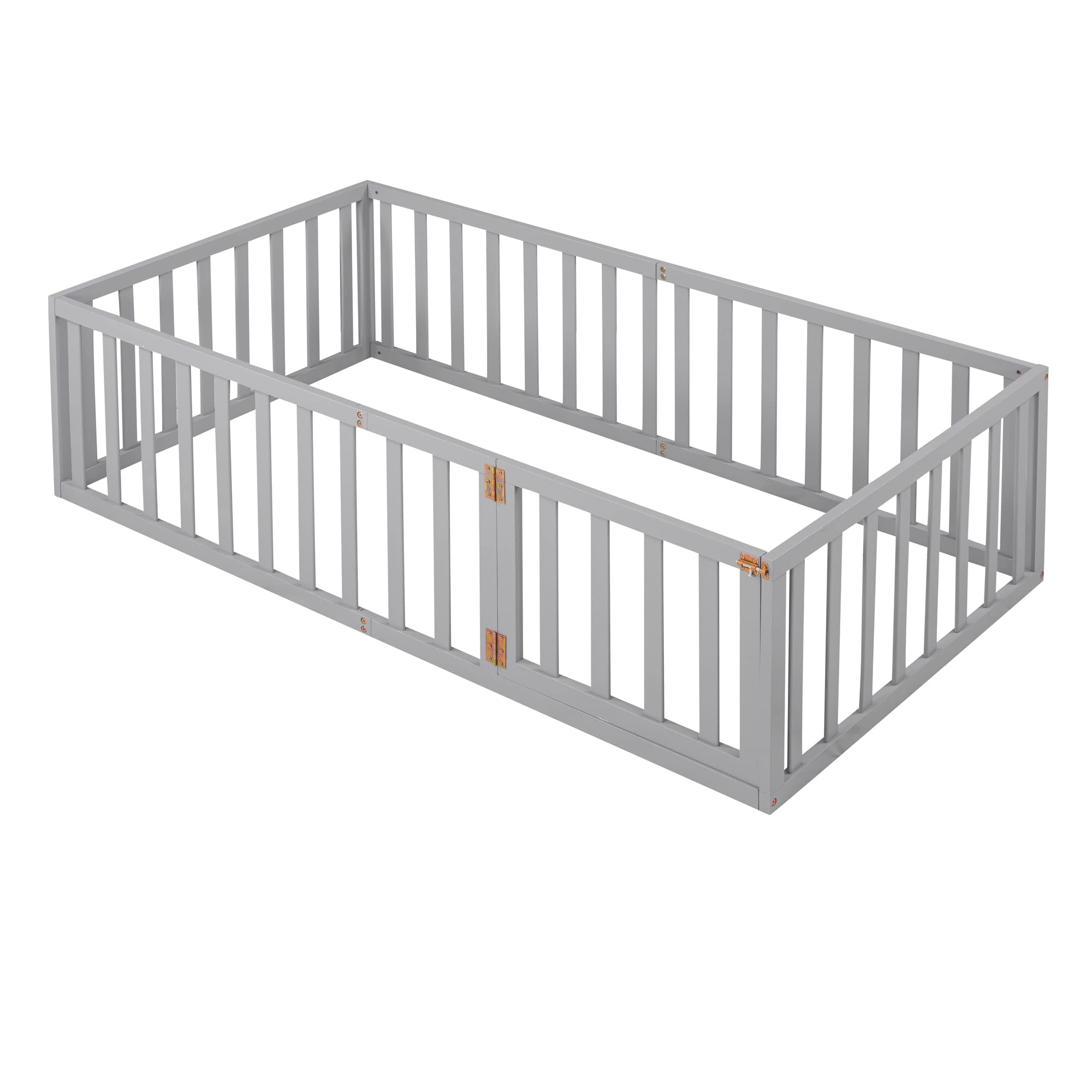 Harper & Bright Designs Twin Floor Bed with Rails, Montessori Floor Bed Wood Frame with Fence and Door, for Kids Girls Boys (Twin Size,Gray)