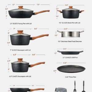 FOHERE Pots and Pans Set with Lids 15 PCS, Aluminum Nonstick Induction Cookware Sets, with Frying Pans, Saucepans, Stock Pot, Pizza Pan, Griddle Pan, and Food Steamer, Silicone Food Strainer, Black