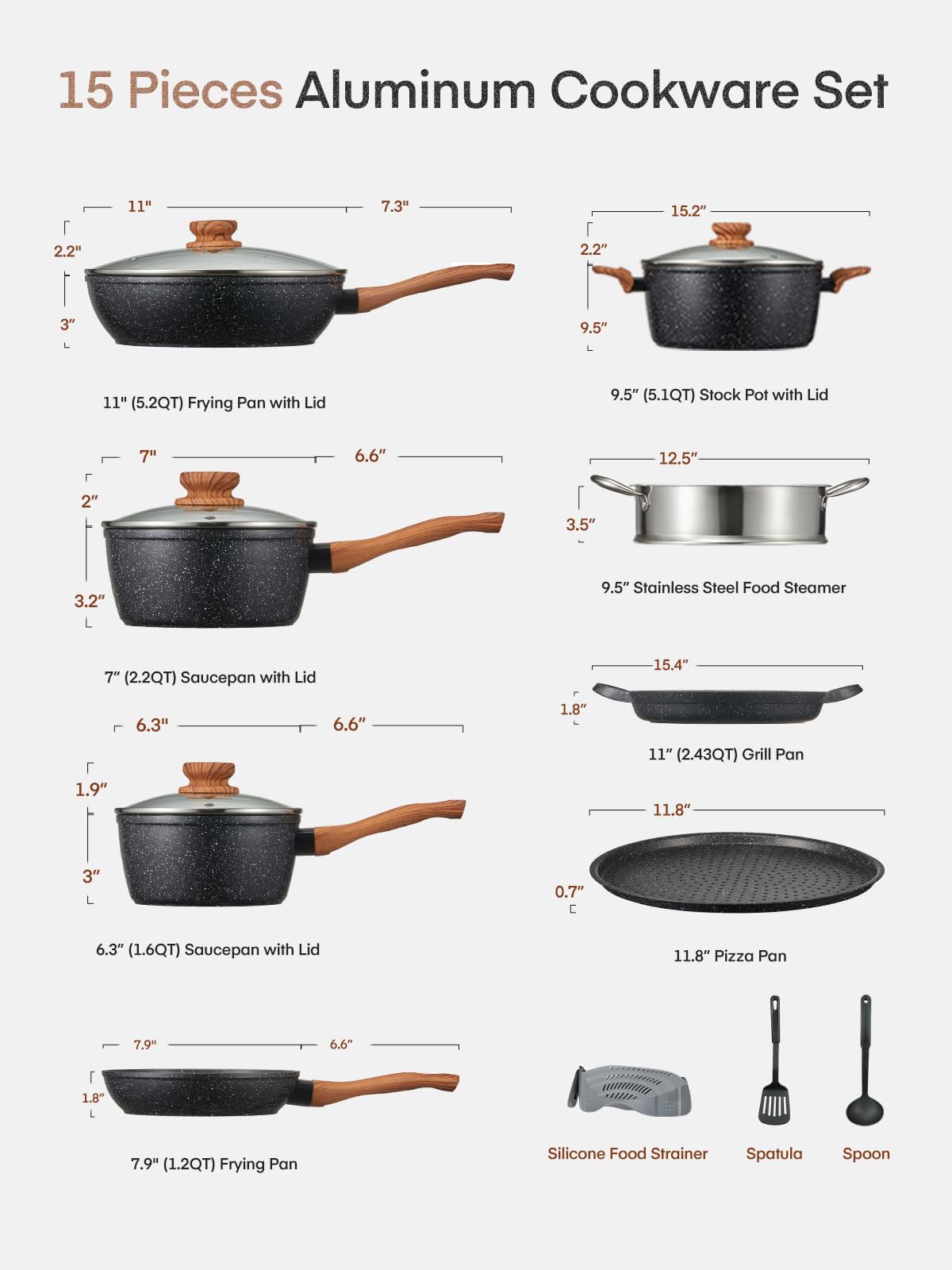 FOHERE Pots and Pans Set with Lids 15 PCS, Aluminum Nonstick Induction Cookware Sets, with Frying Pans, Saucepans, Stock Pot, Pizza Pan, Griddle Pan, and Food Steamer, Silicone Food Strainer, Black