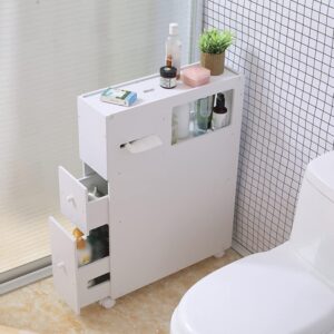 mimoda bathroom storage cabinet, movable toilet organizer free standing toilet rack with 2 drawers and shelf, toilet paper storage, side storage organizer toilet