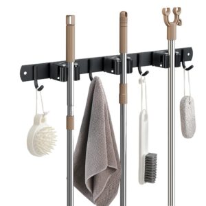 jamend clxp broom hanger and mop holder, heavy duty garden tool organizer rack rake and shovel handle, stainless steel wall mounted utility rack with screws (3 racks with 4 hooks, matte black).