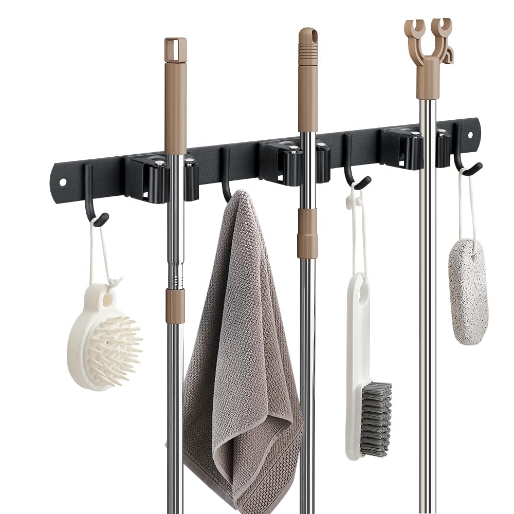 JAMEND CLXP Broom Hanger and Mop Holder, Heavy Duty Garden Tool Organizer Rack Rake and Shovel Handle, Stainless Steel Wall Mounted Utility Rack with Screws (3 Racks with 4 Hooks, Matte Black).