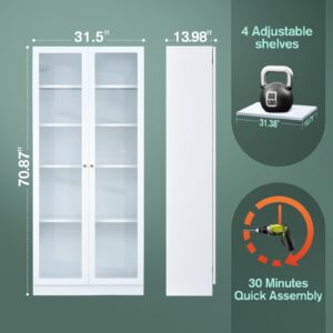 IRONMIX Metal Bookcase with Acrylic Door and Adjustable Shelves, 70.87" H 31.5" W Storage Cabinet 5 Tier, Dust Proof Display Shelf, White