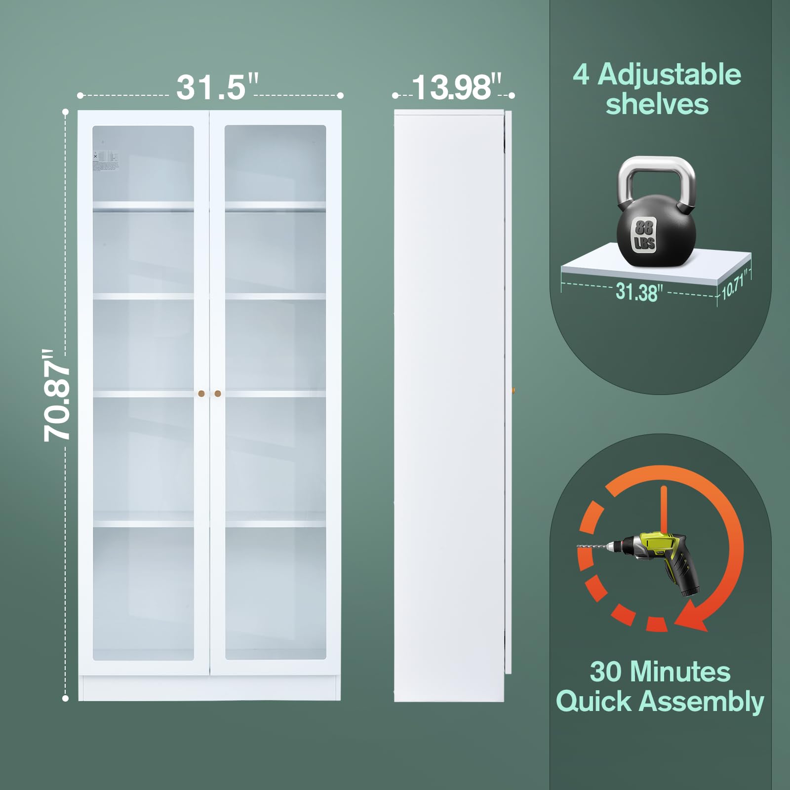 IRONMIX Metal Bookcase with Acrylic Door and Adjustable Shelves, 70.87" H 31.5" W Storage Cabinet 5 Tier, Dust Proof Display Shelf, White