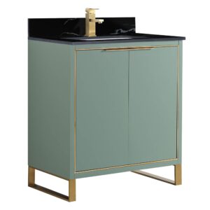 fine fixtures opulence collection 30 in. w x 18 in. d x 33 in. h bathroom vanity in mint green with black marble sintered stone sink - satin brass hardware