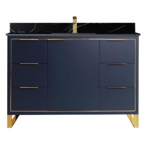 Fine Fixtures Opulence Collection 48 in. W x 20 in. D x 33 in. H Bathroom Vanity in Navy Blue with Black Marble Sintered Stone Sink - Satin Brass Hardware