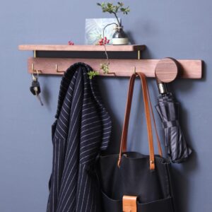 BBAUER Coat Hooks with Shelf, Walnut Wood, Wooden Creative Entryway Wardrobe Bedroom Wall Hooks, Wall-Mounted Coat Rack (19.7″/50cm, 27.6″/70cm) (Color : 50 * 11 * 11cm/19.7 * 4.3 * 4.3in)