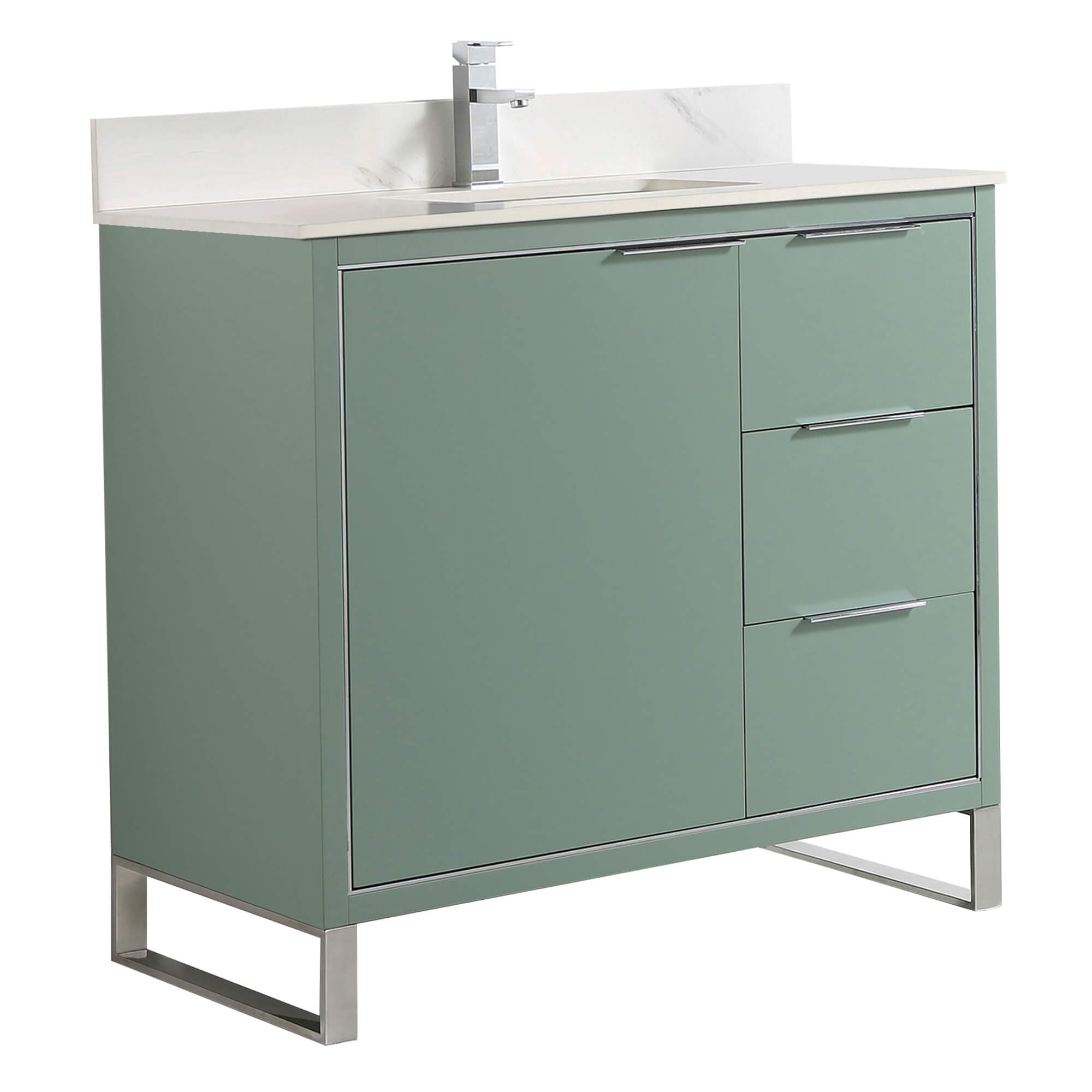 Fine Fixtures Opulence Collection 36 in. W x 18 in. D x 33 in. H Bathroom Vanity in Mint Green with White Carrara Sintered Stone Sink - Chrome Hardware