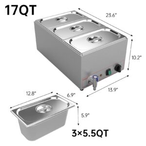 Valgus Commercial Stainless Steel Food Warmer 3 Sections 17 Qt Capacity Bain Marie, Electric Countertop Steamer with Lid and Water Tap for Home, Party, Catering, Restaurants