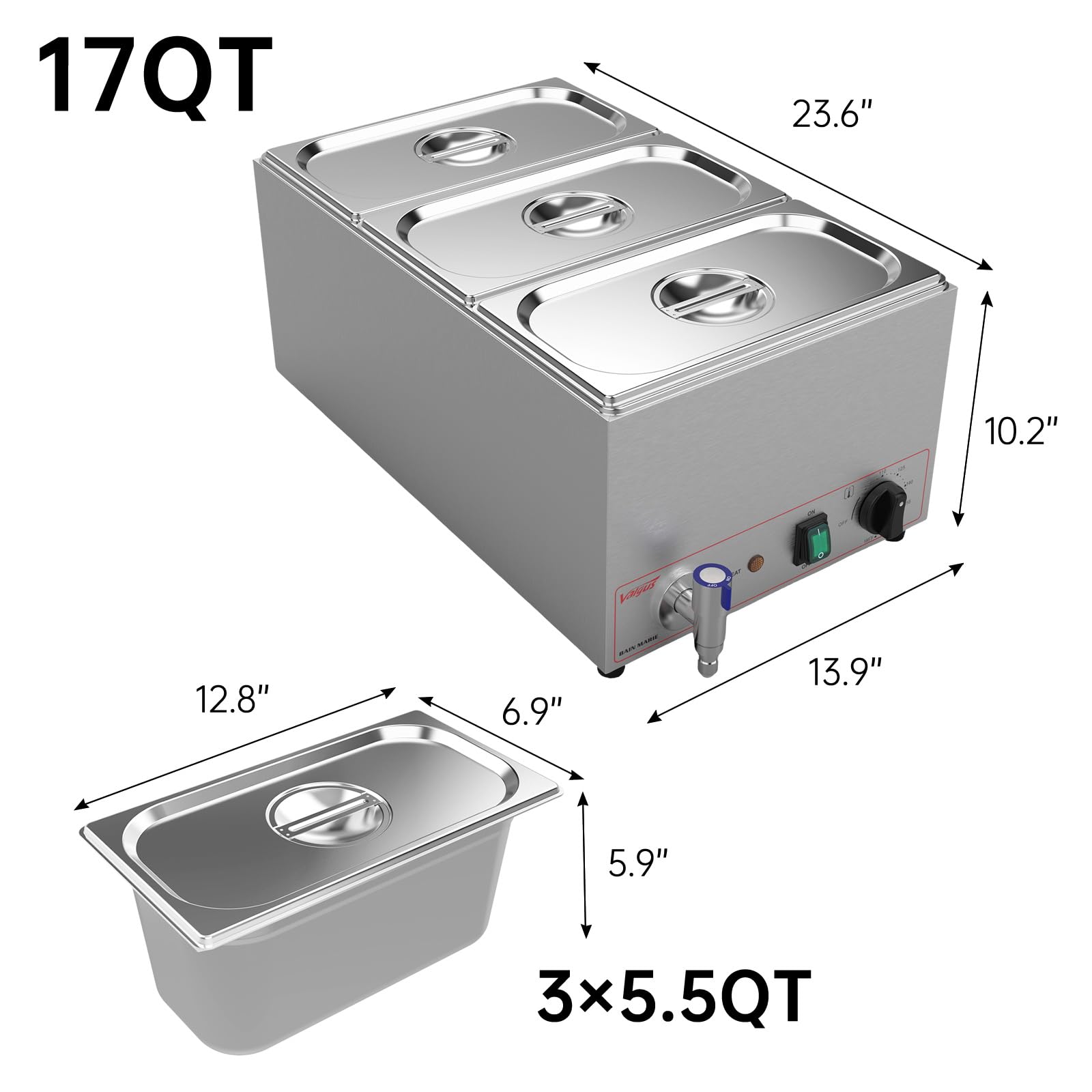 Valgus Commercial Stainless Steel Food Warmer 3 Sections 17 Qt Capacity Bain Marie, Electric Countertop Steamer with Lid and Water Tap for Home, Party, Catering, Restaurants