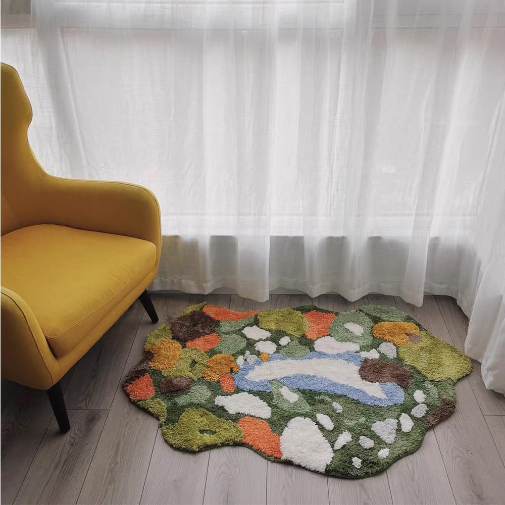 Moss Rug 3D Plush Bathroom Rug 2' x 3' Bedroom Rug Non Slip Area Rug Mountains River Flowers Grass Rug for Kitchen Bedroom Living Room Laundry Apartment Entry Doorway Porch