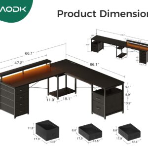 AODK 66" L Shaped Computer Desk, 113“ Reversible Home Office Desk with File Cabinet & 4 Fabric Drawers, Two Person Desk with LED Lights & Power Outlet, Corner Gaming Desk with Monitor Shelf, Black