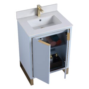 Fine Fixtures Opulence Collection 24 in. W x 18 in. D x 33 in. H Bathroom Vanity in Pastel Blue with White Matte Sintered Stone Sink - Satin Brass Hardware