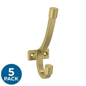 Franklin Brass Modern Angled Pilltop (5-Pack) Coat and Hat Wall Hooks Double Hooks for Hanging Satin Gold Wall Mount Hanger Backpack, Purse, Bag, Towel Organization Decorative Wall Hooks B48023K-SG-C