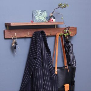 BBAUER Coat Hooks with Shelf, Walnut Wood, Wooden Creative Entryway Wardrobe Bedroom Wall Hooks, Wall-Mounted Coat Rack (19.7″/50cm, 27.6″/70cm) (Color : 50 * 11 * 11cm/19.7 * 4.3 * 4.3in)