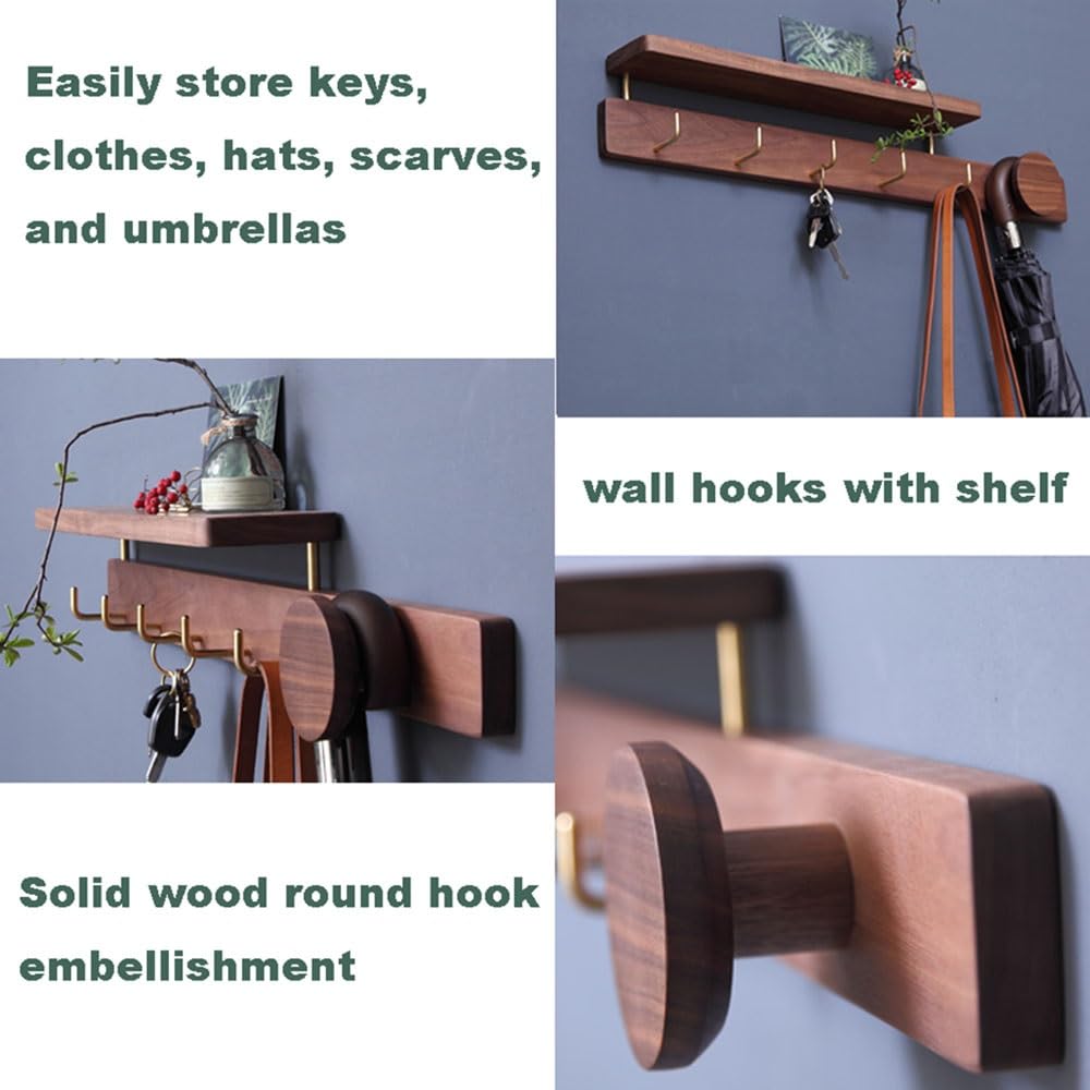 BBAUER Coat Hooks with Shelf, Walnut Wood, Wooden Creative Entryway Wardrobe Bedroom Wall Hooks, Wall-Mounted Coat Rack (19.7″/50cm, 27.6″/70cm) (Color : 50 * 11 * 11cm/19.7 * 4.3 * 4.3in)