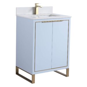 fine fixtures opulence collection 24 in. w x 18 in. d x 33 in. h bathroom vanity in pastel blue with white matte sintered stone sink - satin brass hardware