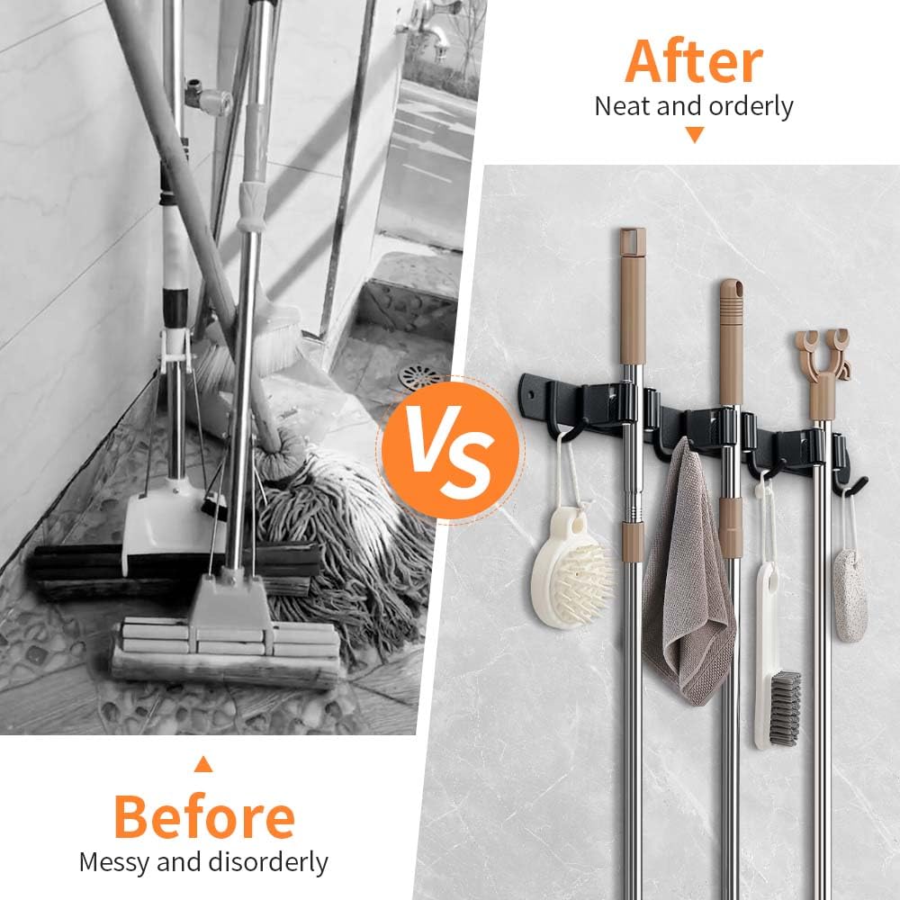 JAMEND CLXP Broom Hanger and Mop Holder, Heavy Duty Garden Tool Organizer Rack Rake and Shovel Handle, Stainless Steel Wall Mounted Utility Rack with Screws (3 Racks with 4 Hooks, Matte Black).