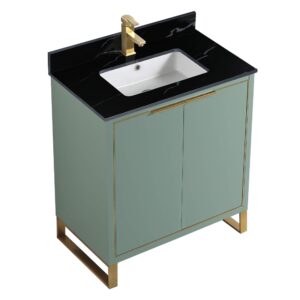 Fine Fixtures Opulence Collection 30 in. W x 18 in. D x 33 in. H Bathroom Vanity in Mint Green with Black Marble Sintered Stone Sink - Satin Brass Hardware