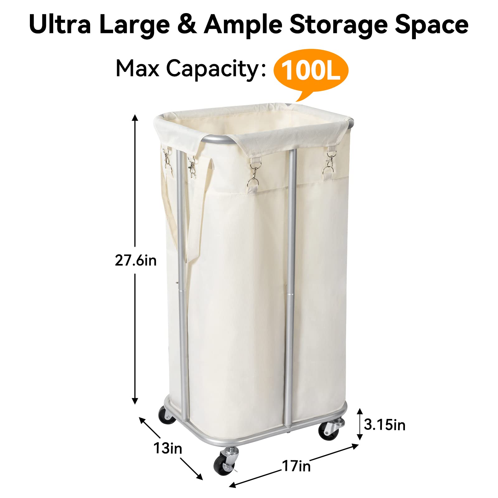 WOWLIVE 100L Rolling Laundry Hamper with Wheels Large Laundry Basket Organizer Laundry Cart with Steel Frame and Removable Bag Foldable Tall Dirty Clothes Hamper Dorm Room Storage for Bedroom (Beige)