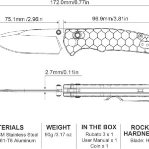 OKNIFE Rubato 3 Folding Knife for Men, EDC Pocket Knife Aluminum Handle, 154CM Steel Blade Rail Lock, Outdoor Camping Knives, Gunmetal Grey