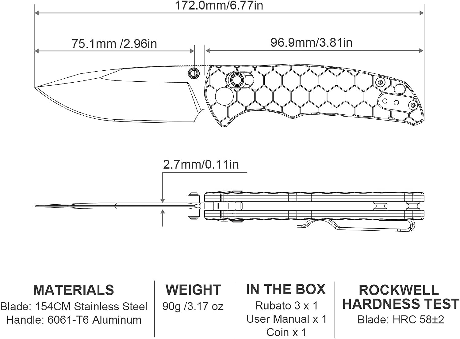 OKNIFE Rubato 3 Folding Knife for Men, EDC Pocket Knife Aluminum Handle, 154CM Steel Blade Rail Lock, Outdoor Camping Knives, Gunmetal Grey