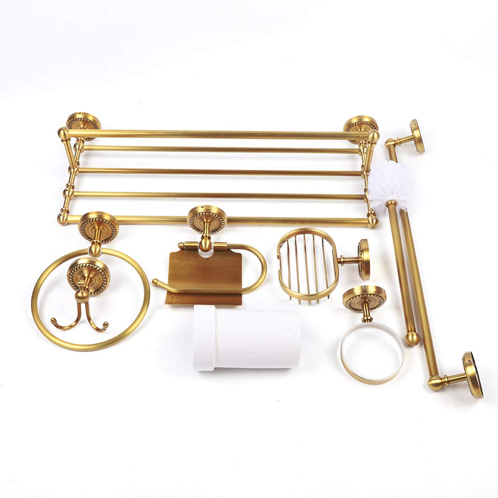 7X Vintage Copper Wall Mounted Towel Rack Kit Bathroom Hardware Complete Toilet Paper Brush Holder Ring Soap Towel Rack for Bathroom, Toilet