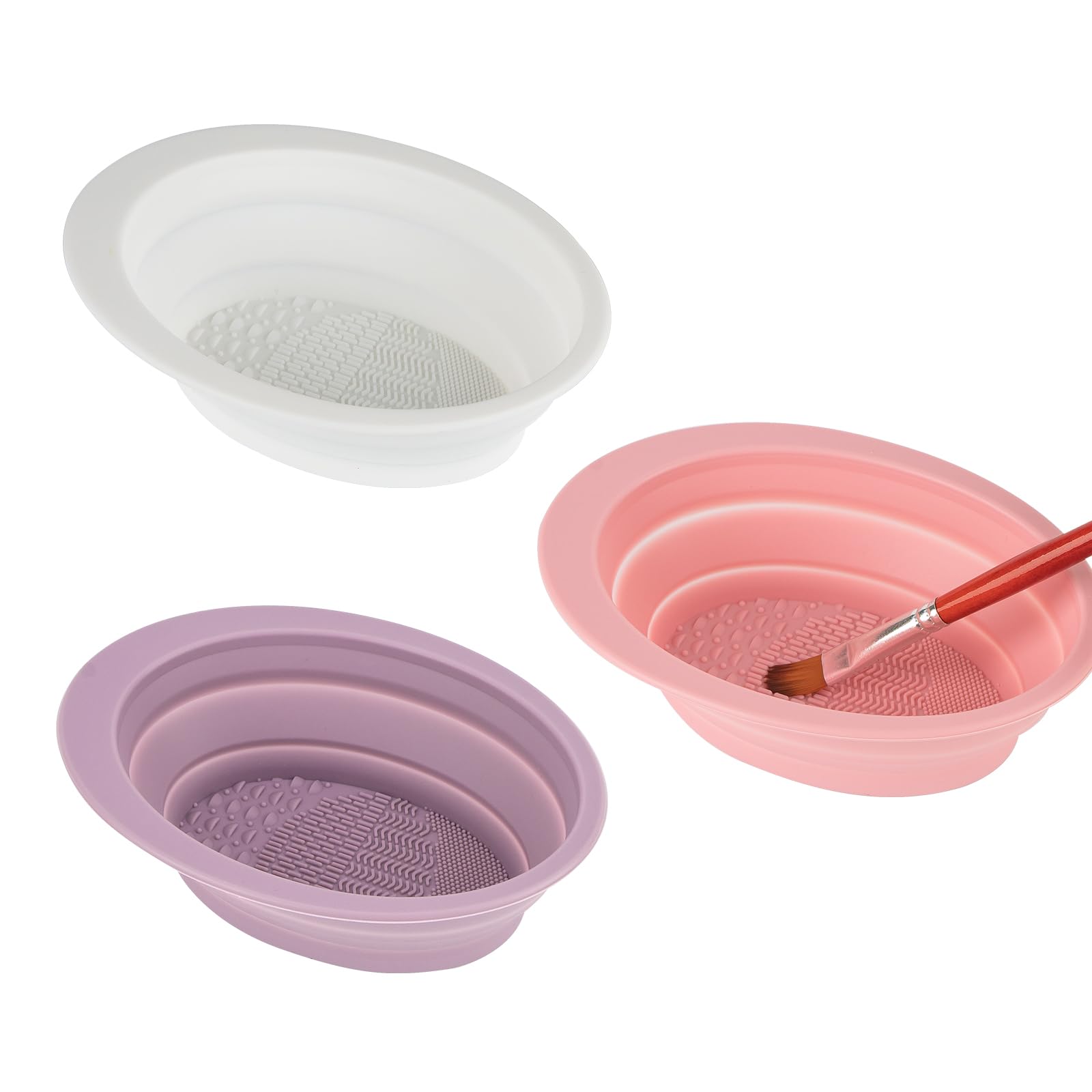 SHIDOW Portable Folding Brush Bowl, Silicone Brush Bowl Clean Watercolor Painting Water Cup for Acrylic Oil Painting (Purple, Pink, White, 3 pcs)