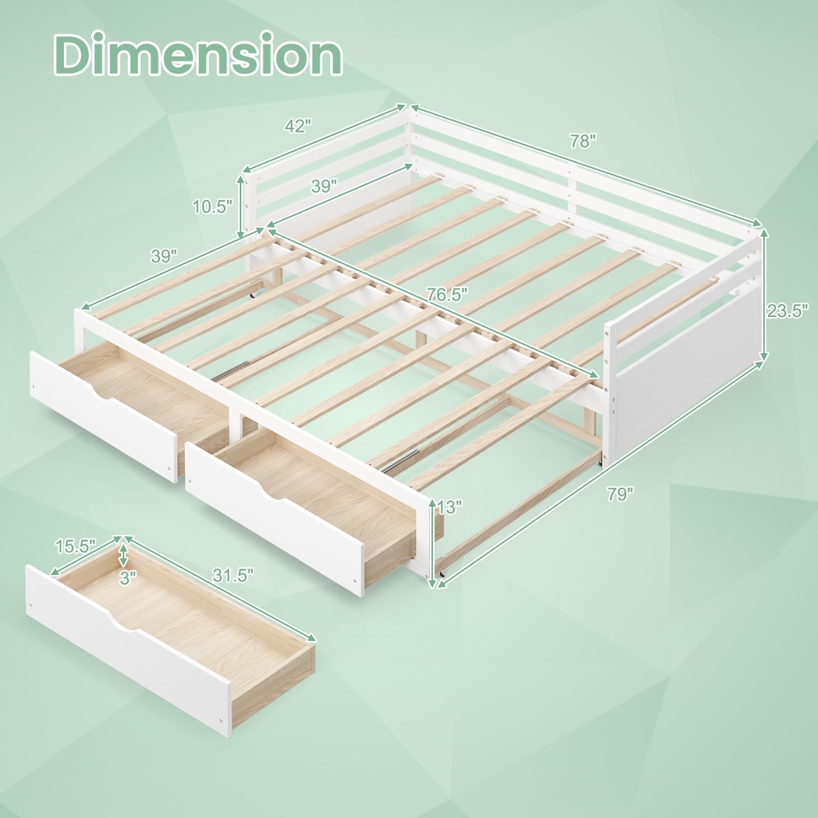 KOMFOTT Wood Daybed with Trundle, Extendable Twin to King Daybed Frame with 2 Storage Drawers, Space Saving Dual-use Sofa Daybed for Bedroom, Guest Room, No Box Spring Required (White)