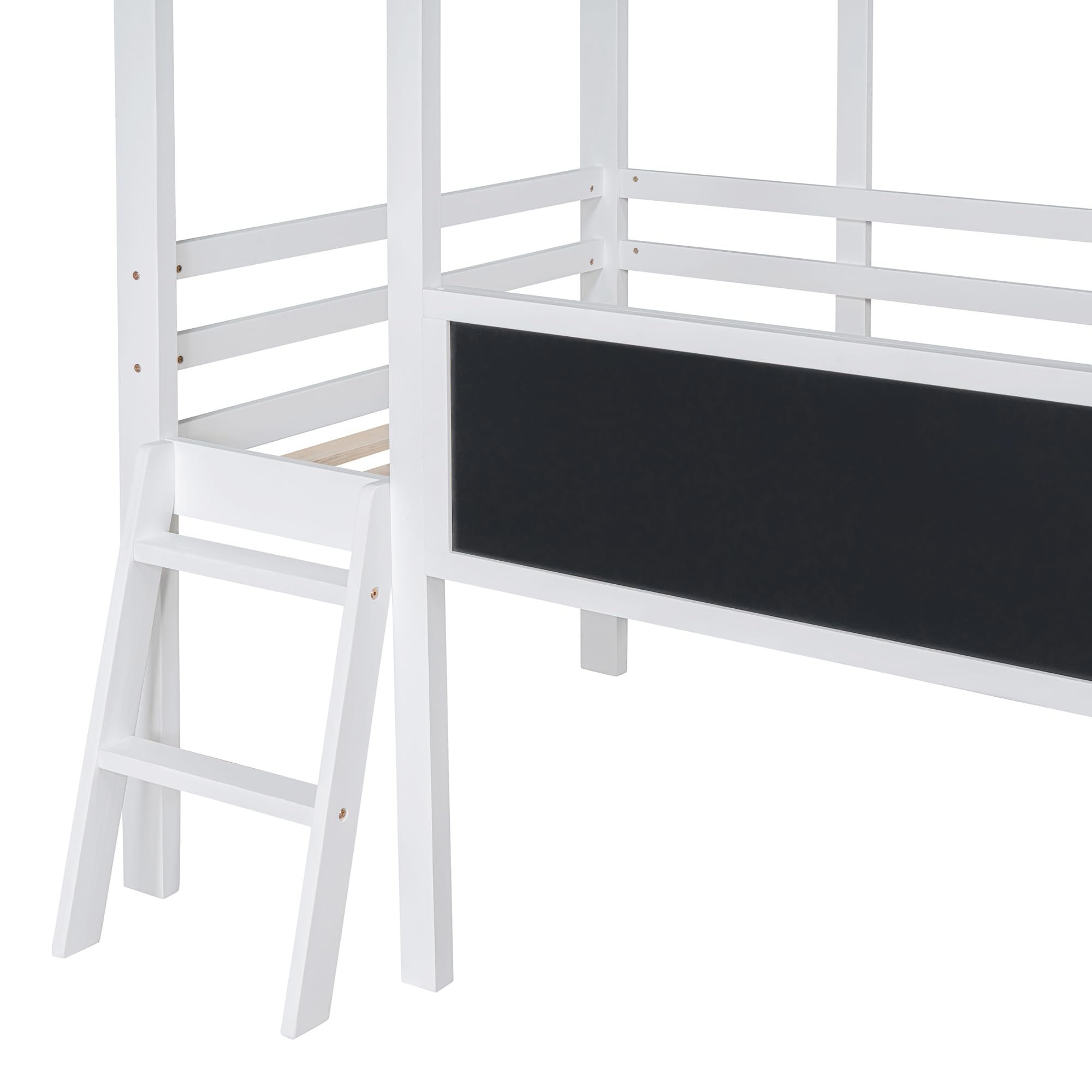 BestLM Twin Size Loft Bed with Slide and Ladder for Kids, Wood Platform Bed House Bed Frame with Blackboard and Sparkling Light Strip on The Roof for Bedroom, No Box Spring Required, White