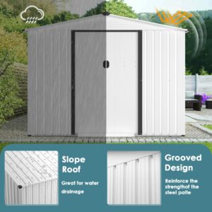 Crownland Outdoor 6 x 8 Feet Storage Shed Backyard Garden Vented Tool House with Sliding Door Outdoor Lawn Steel Roof Sheds (Cool White)