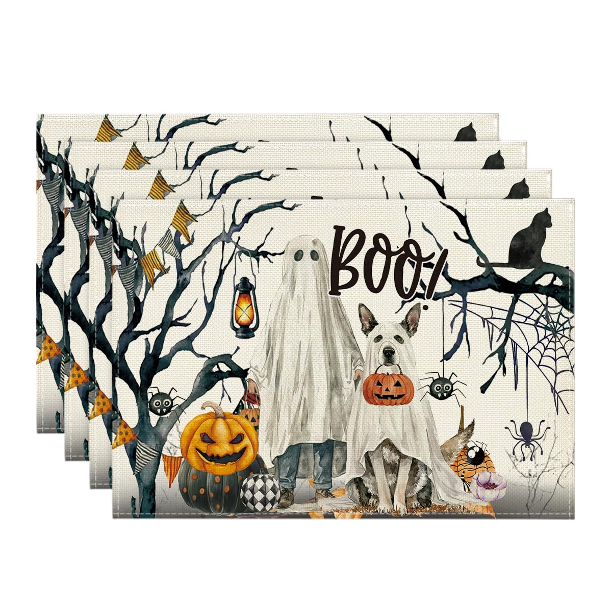 Artoid Mode Ghost Pumpkins Tree Dog Boo Halloween Placemats Set of 4, 12x18 Inch Seasonal Fall Holiday Table Mats for Party Kitchen Dining Decoration