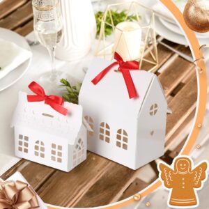 Yinder 25 Pcs House Shaped Gift Boxes with Red Ribbons House Shaped Candy Boxes House Treat Boxes Party Favors Cookie Boxes for Gift Giving White Paper Gable Boxes for Wedding Xmas Party, 4 Styles