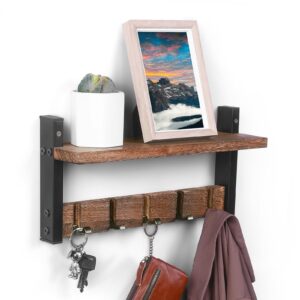 whimsii coat rack wall mount with shelf, 16" with 5 flippable wall hooks for hanging, rustic wood & reinforced iron, entryway, living room, bedroom, bathroom