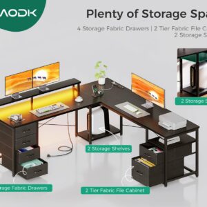 AODK 66" L Shaped Computer Desk, 113“ Reversible Home Office Desk with File Cabinet & 4 Fabric Drawers, Two Person Desk with LED Lights & Power Outlet, Corner Gaming Desk with Monitor Shelf, Black