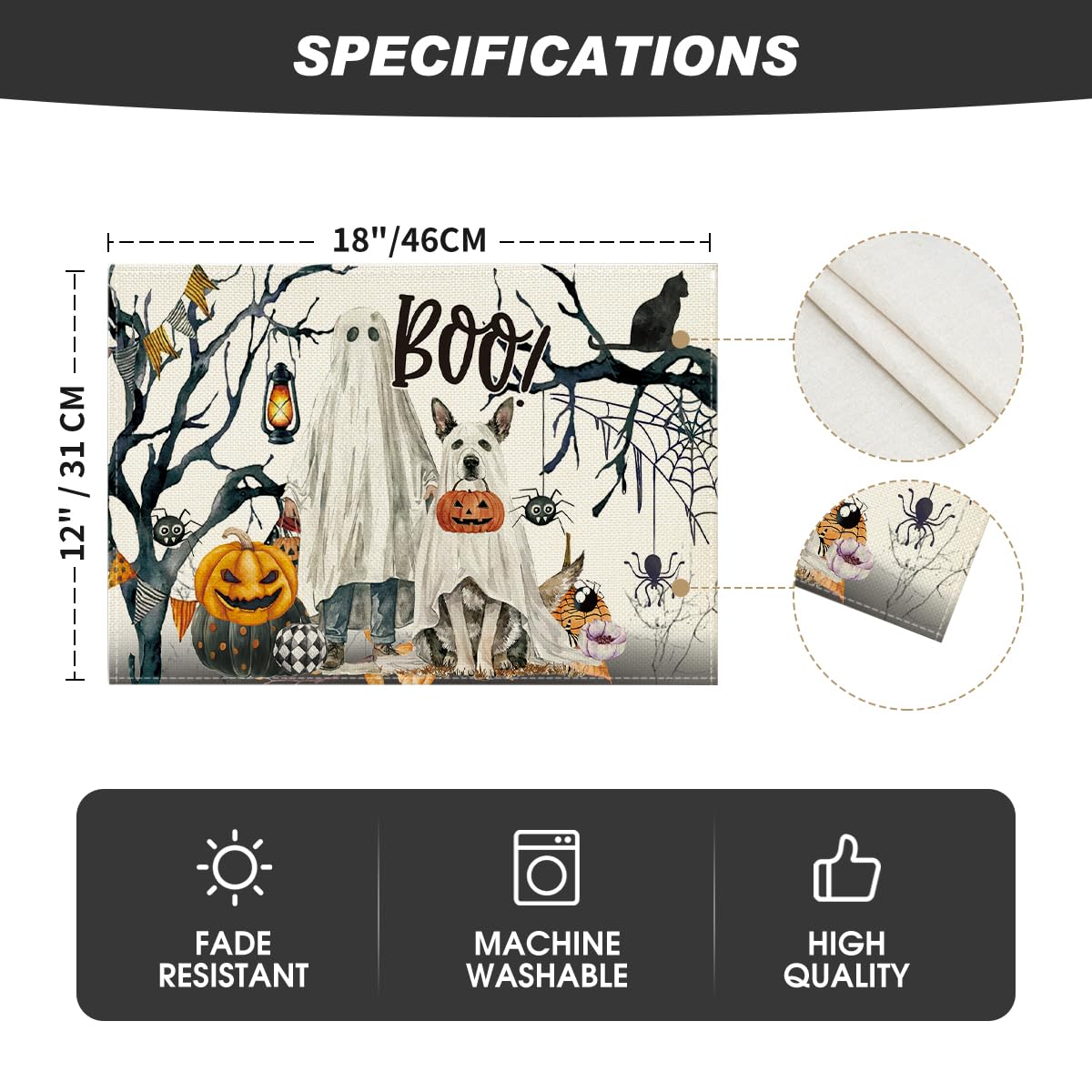 Artoid Mode Ghost Pumpkins Tree Dog Boo Halloween Placemats Set of 4, 12x18 Inch Seasonal Fall Holiday Table Mats for Party Kitchen Dining Decoration