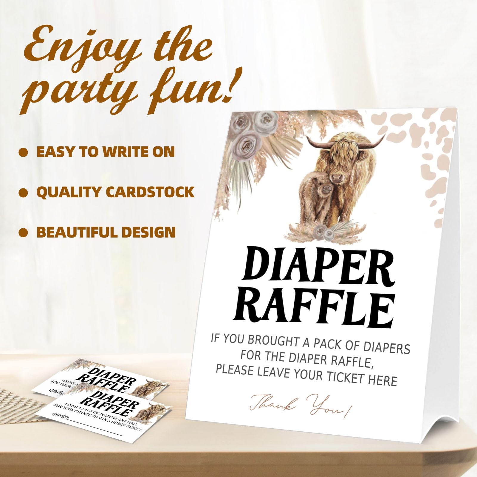 Diaper Raffle Tickets for Baby Shower Game, 1 Standing Sign & 50 Guessing Cards for Baby Shower Party Decoration, Holy Cow, Boho Highland Cow