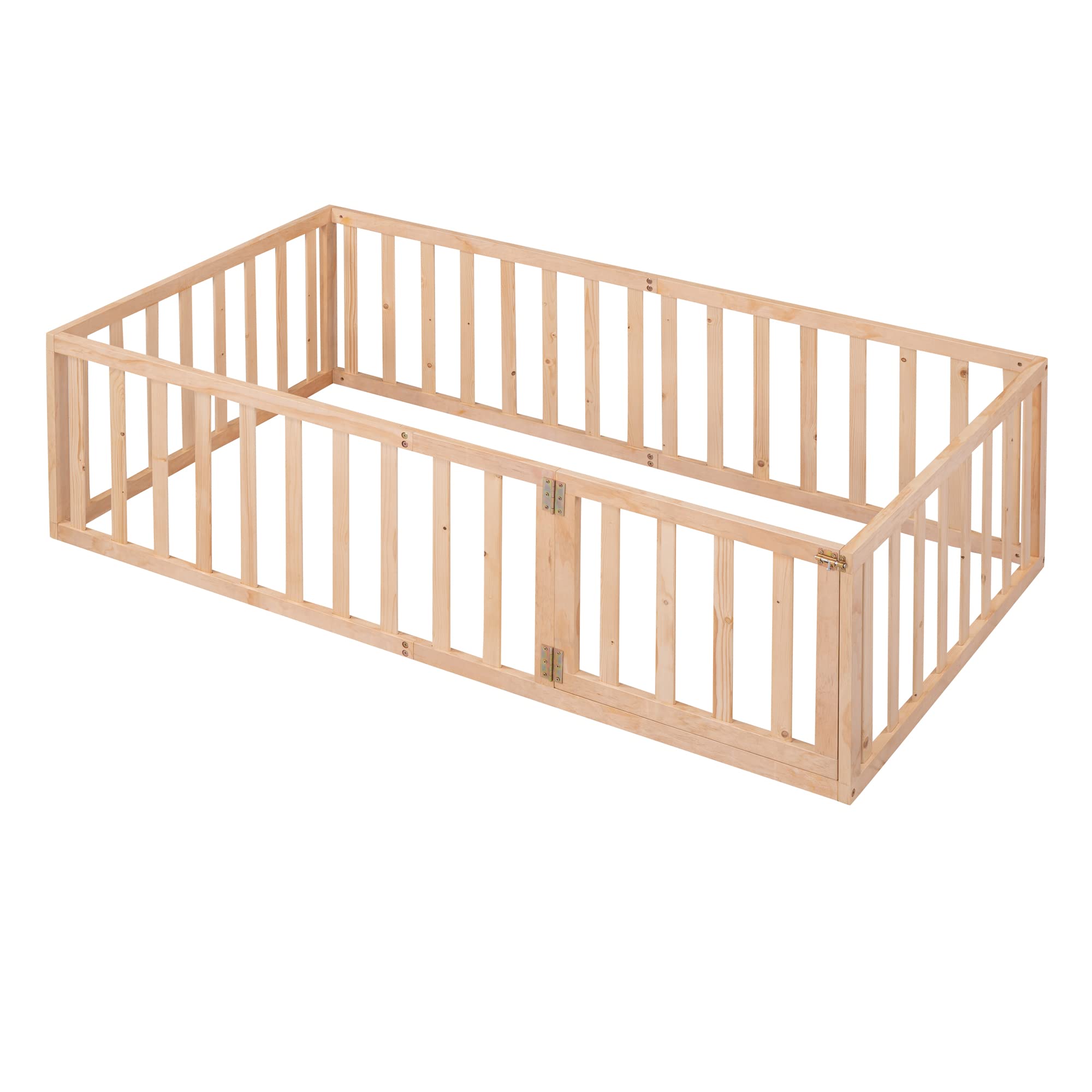 Harper & Bright Designs Twin Floor Bed with Rails, Montessori Floor Bed Wood Frame with Fence and Door, for Kids Girls Boys (Twin Size,Natural)