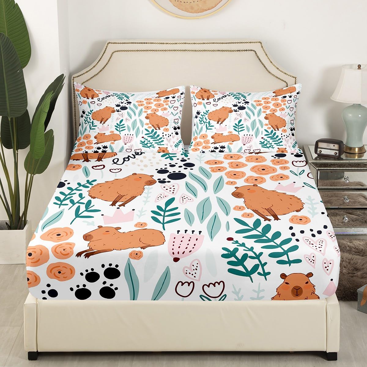 Capybara Bed Sheet Set Full Size, Cute Capybara Bedding Set for Kids Toddler Capybara and Flowers Fitted Sheet Cute Capybara Animal Bed Cover with 2 Pillow Case (No Flat Sheet)