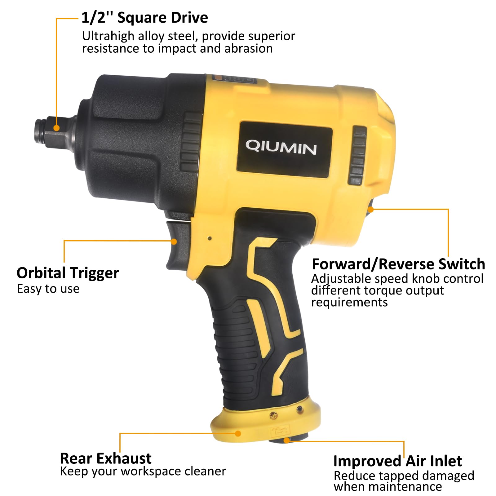 QIUMIN 1/2 Inch Air Impact Wrench, 15600 ft-lbs Max Torque, Heavy Duty 8000RPM Composite Compact Gun Driver for Auto Repair