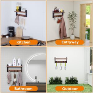 Whimsii Coat Rack Wall Mount with Shelf, 16" with 5 Flippable Wall Hooks for Hanging, Rustic Wood & Reinforced Iron, Entryway, Living Room, Bedroom, Bathroom