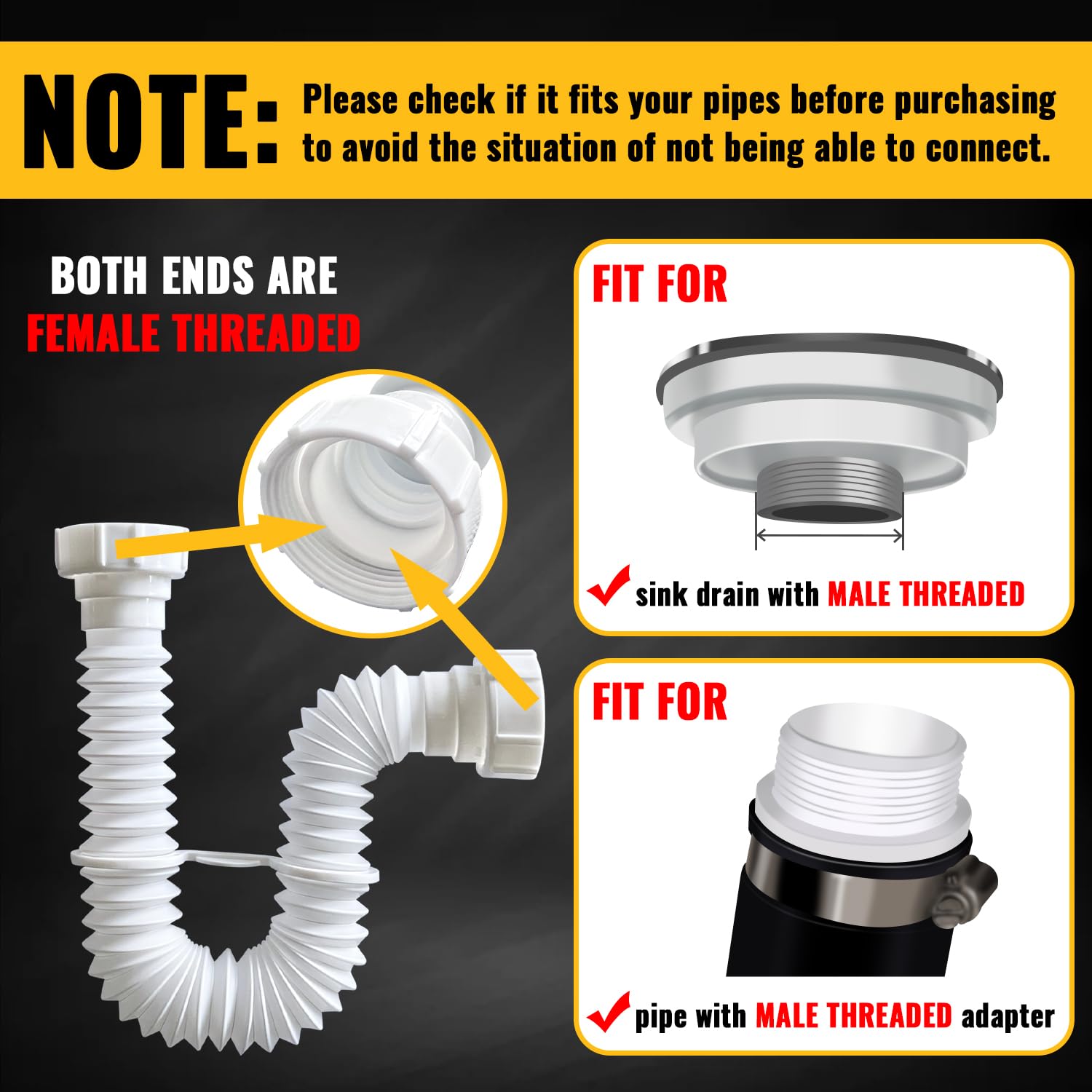 VIVIDA 1-1/2" Sink Drain Pipe Kit, Flexible Sink Drain Pipe P-Trap, 7.5"-17.7" Flexible Sink Drain P-Trap for Bathroom Sink and Kitchen Sink, 1-1/4" Adapter Included, 1 PACK