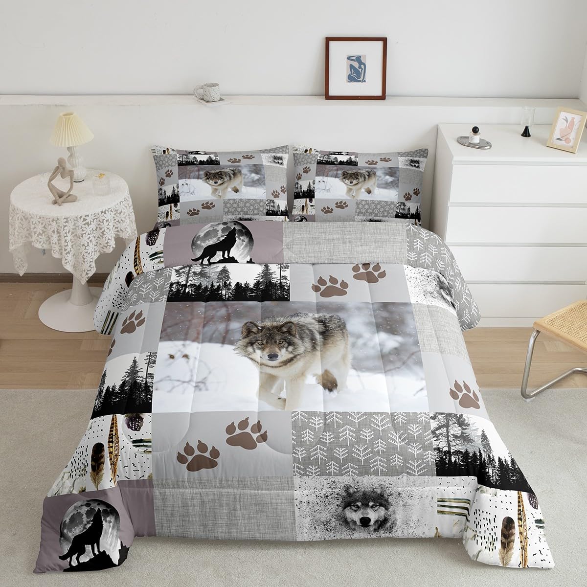 Manfei Wolf Kids Comforter Set Twin Size,Wolf Paws Print Pine Trees Wild Adventure Bedding Set,Boys Girls Adults Room Decor,Geometric Plaids Patchwork Down Comforter,Rustic Duvet Insert,1 Pillowcase