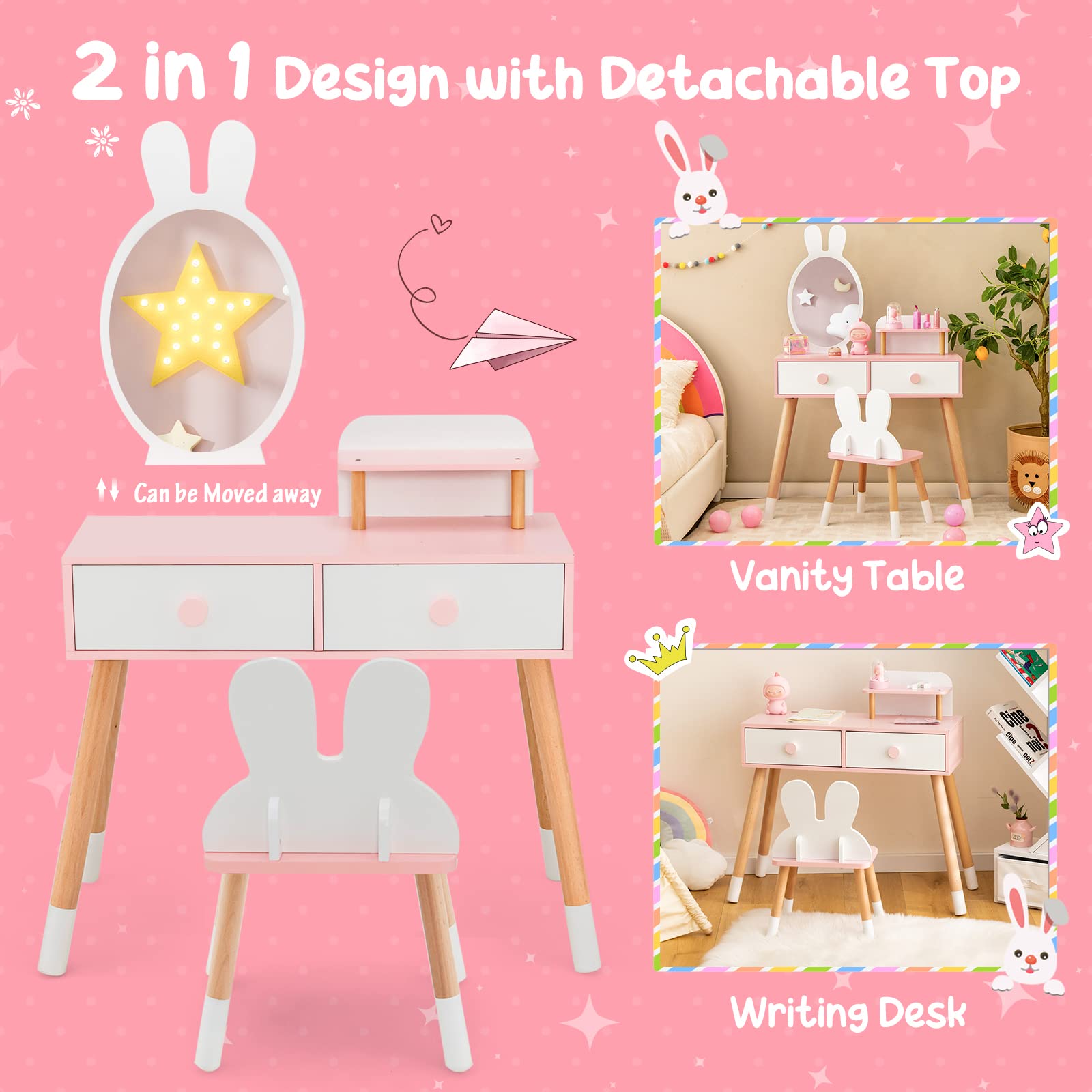 Costzon Kids Vanity Set, Girls Vanity Set with Mirror & Stool, 2 Large Drawers, Storage Shelf, Wooden Princess Makeup Dressing Table, Pretend Play Vanity Table Chair Set for Toddlers (White)