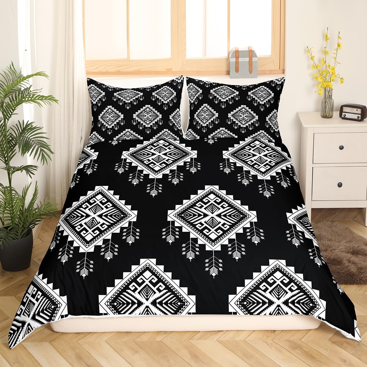 Erosebridal Western Aztec Bedding Set Exotic Tribal Mexican Bohemian Comforter Cover Black White Boho Aztec Duvet Cover for Teen Boys Adults Men Geometric Ethnic Bedspread Cover 2 Pillow Cases King