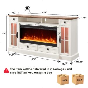 OKD Fireplace TV Stand for 80 Inch TV, Farmhouse Entertainment Center with 42" Fireplace & LED Lights, Modern Media Console Table with Storage Drawers & Cabinets for Living Room, Antique White