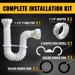 VIVIDA 1-1/2" Sink Drain Pipe Kit, Flexible Sink Drain Pipe P-Trap, 7.5"-17.7" Flexible Sink Drain P-Trap for Bathroom Sink and Kitchen Sink, 1-1/4" Adapter Included, 1 PACK