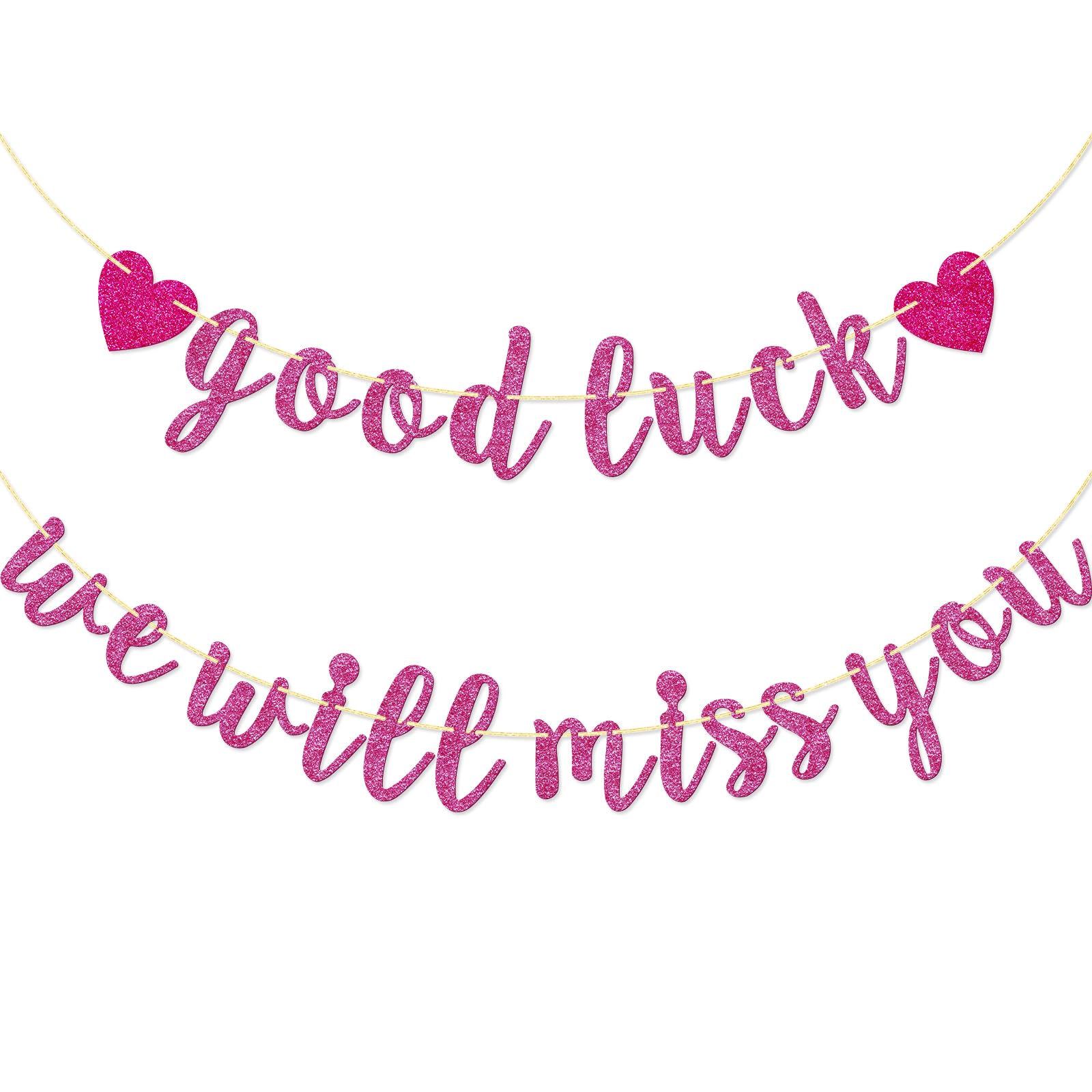 Good Luck We Will Miss You Banner for Farewell Party, Pre-strung Going Away Party Decorations for Graduation Party and Retirement Party, Hot Pink Glitter